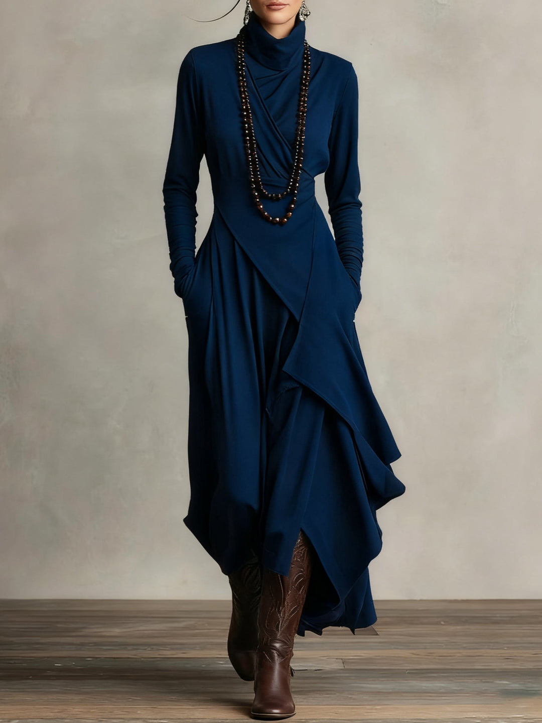 Asymmetric Turtleneck Maxi Dress