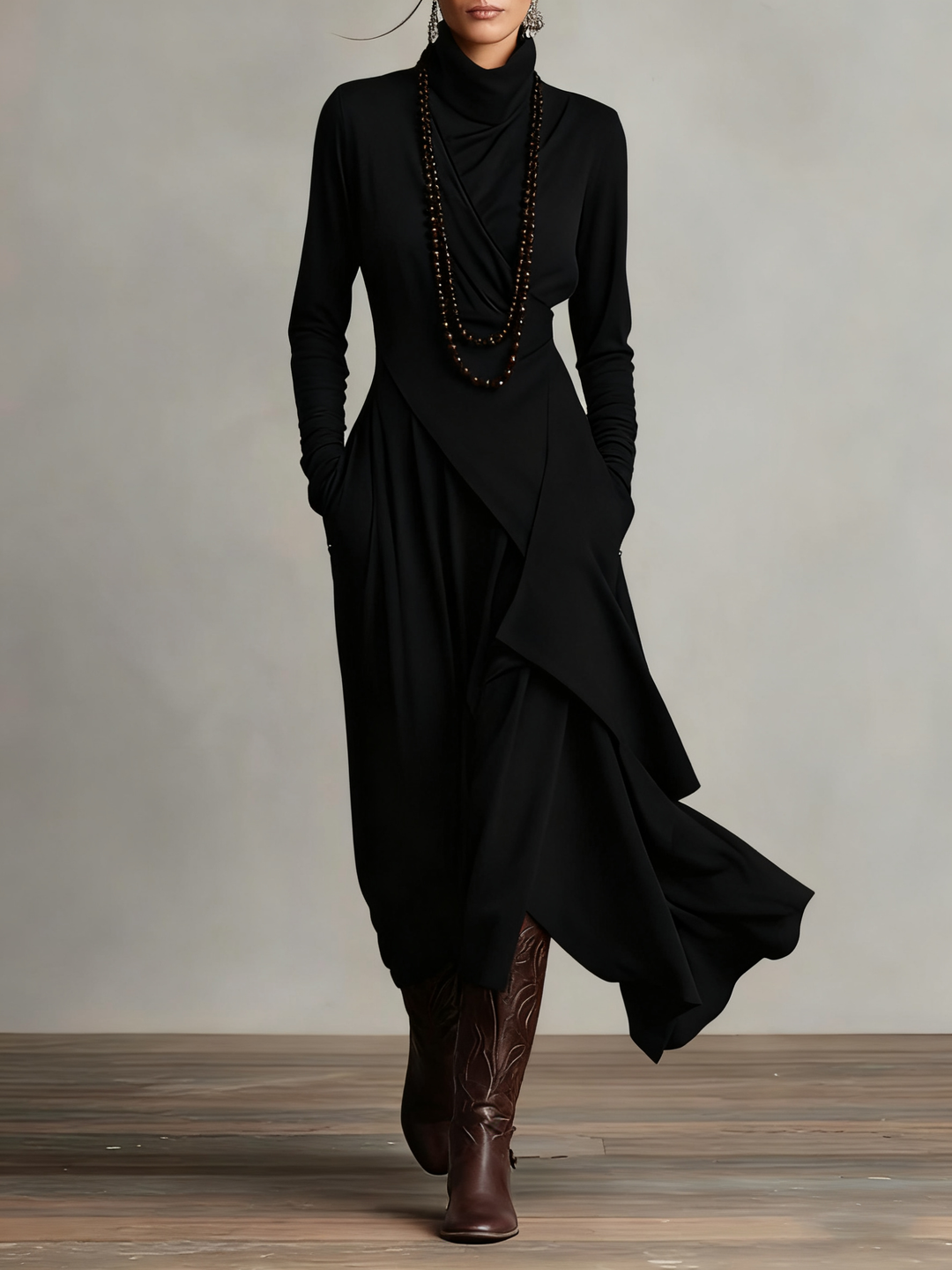 Asymmetric Turtleneck Maxi Dress