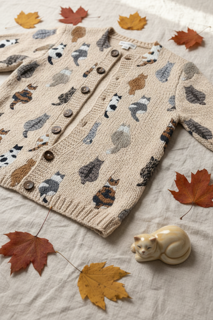 Cat Print Knit Cardigan - Flat Lay