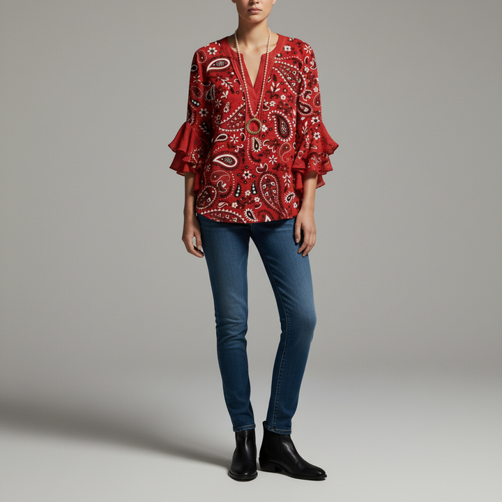 Ruffle Sleeve V-Neck Blouse