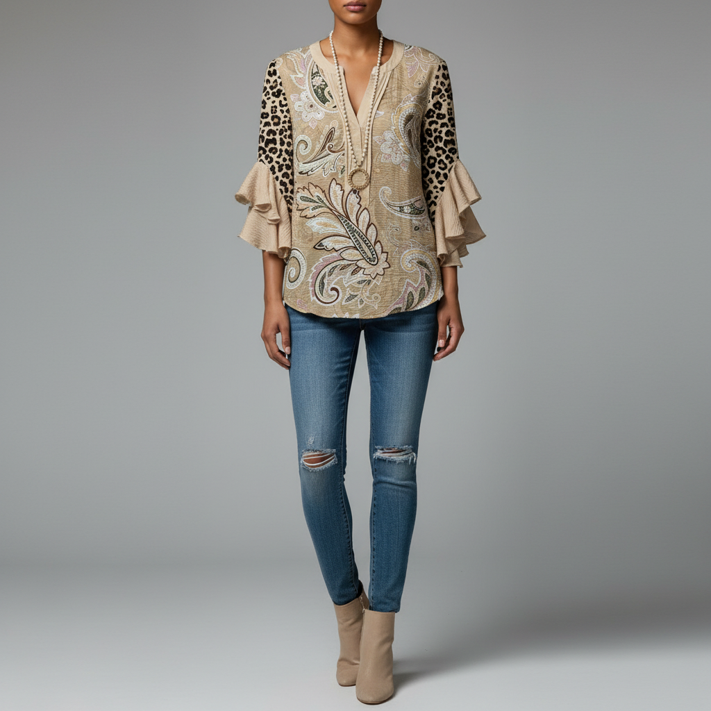 Ruffle Sleeve V-Neck Blouse